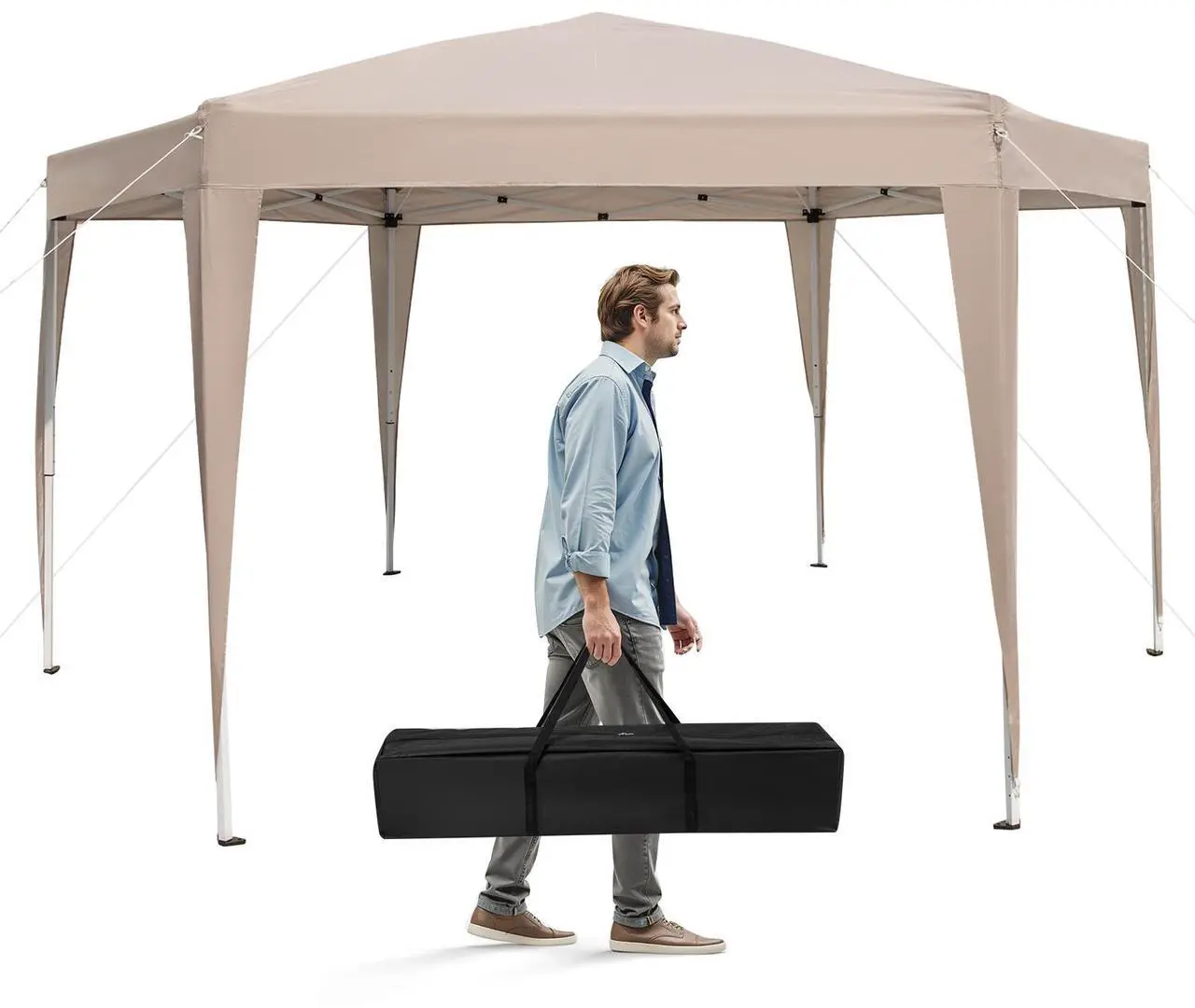 Alt view image 3 of 7 - SlickBlue 13 x 11.5 FT Hexagonal Pop-Up Height Adjustable Canopy Tent with Dressed Legs-Khaki