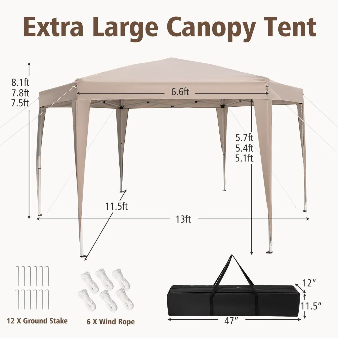 Alt view image 4 of 7 - SlickBlue 13 x 11.5 FT Hexagonal Pop-Up Height Adjustable Canopy Tent with Dressed Legs-Khaki
