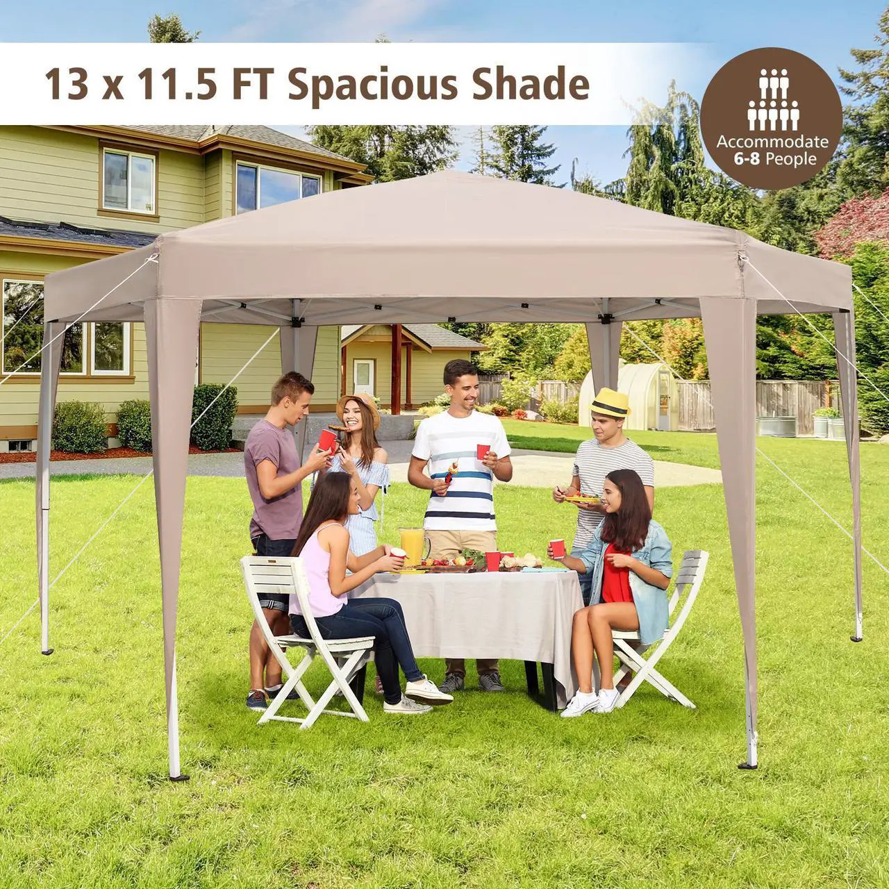 Alt view image 5 of 7 - SlickBlue 13 x 11.5 FT Hexagonal Pop-Up Height Adjustable Canopy Tent with Dressed Legs-Khaki