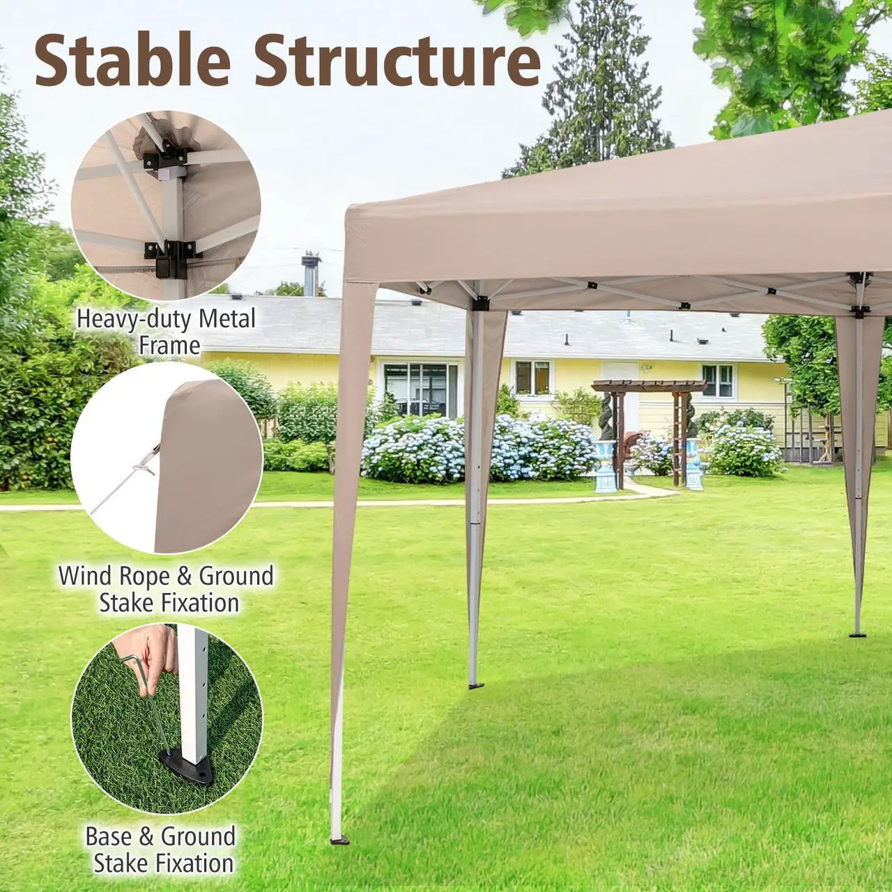 Alt view image 6 of 7 - SlickBlue 13 x 11.5 FT Hexagonal Pop-Up Height Adjustable Canopy Tent with Dressed Legs-Khaki