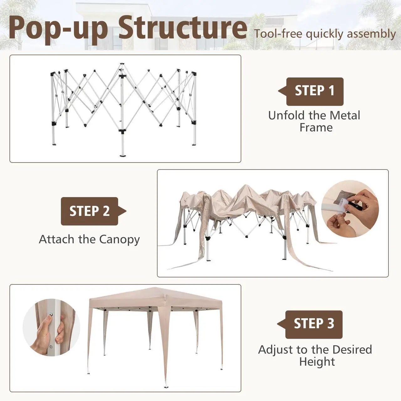 Alt view image 7 of 7 - SlickBlue 13 x 11.5 FT Hexagonal Pop-Up Height Adjustable Canopy Tent with Dressed Legs-Khaki