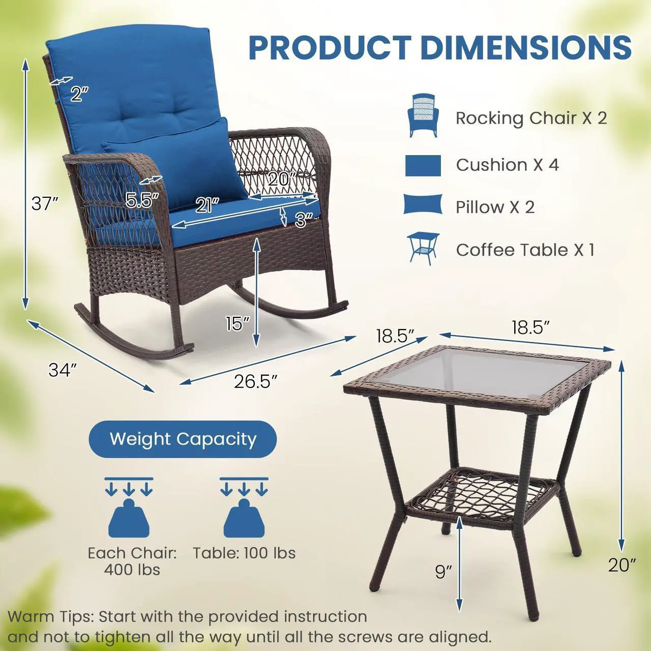 Alt view image 4 of 7 - SlickBlue 3 Pieces Rocking Bistro Set with 2-Tier Coffee Table