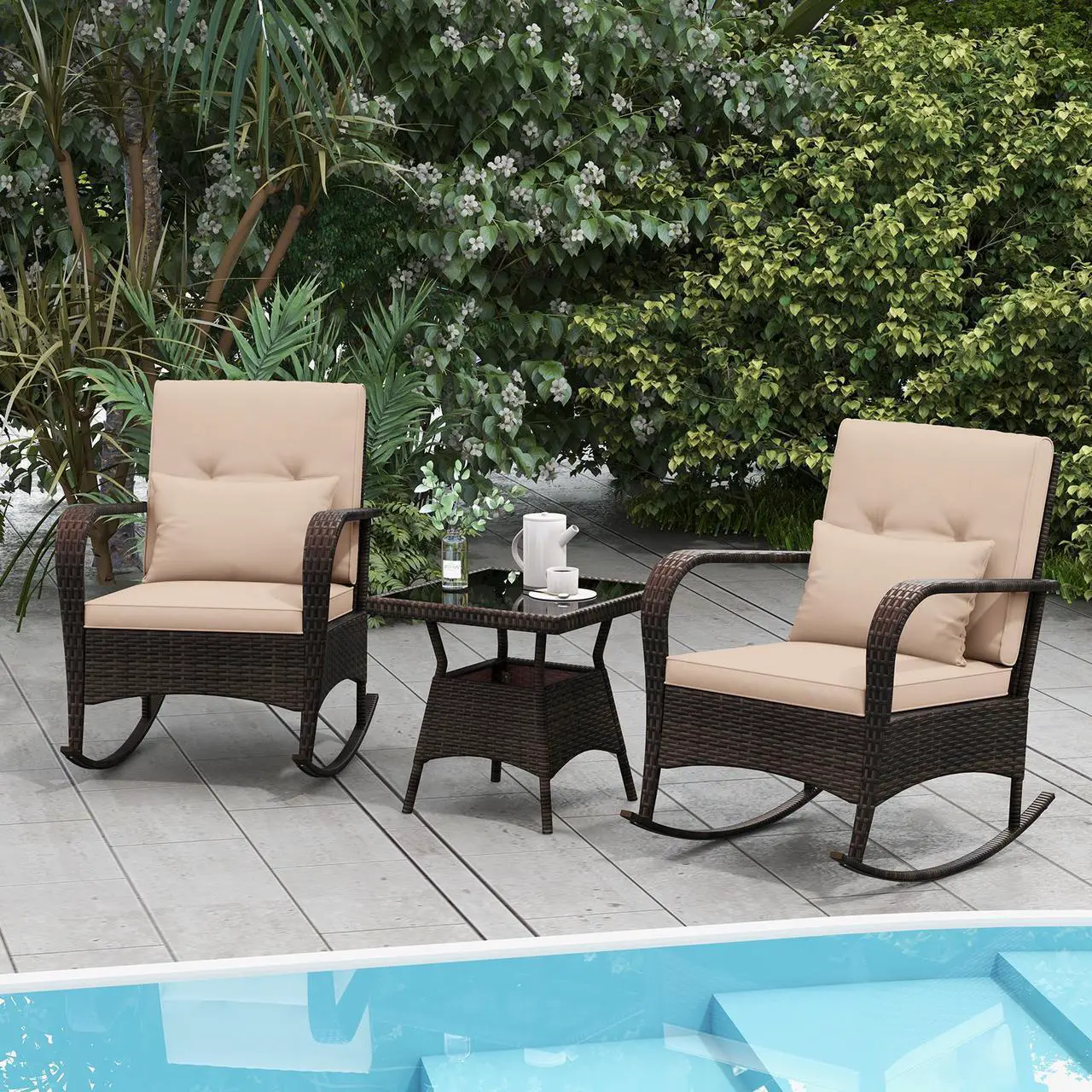 Alt view image 3 of 7 - SlickBlue 3 Piece Outdoor Rocking Set with Tempered Glass Coffee Table for Backyard Poolside