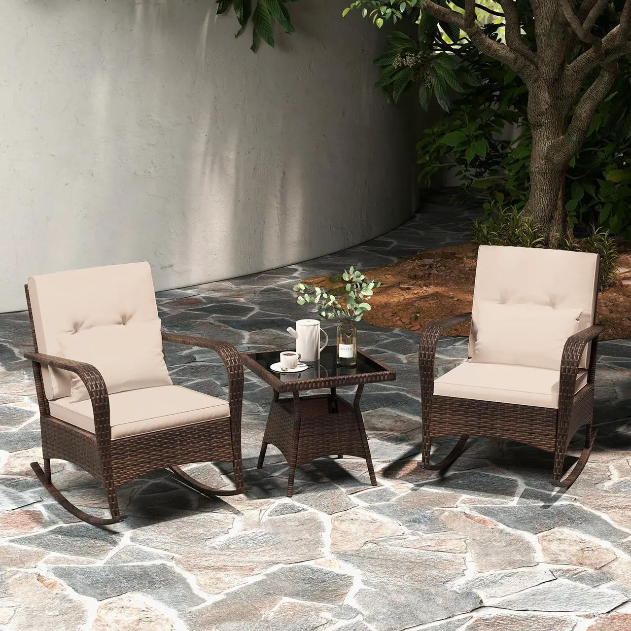Alt view image 2 of 7 - SlickBlue 3 Piece Outdoor Rocking Set with Tempered Glass Coffee Table for Backyard Poolside