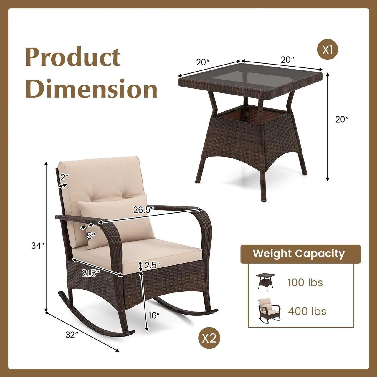 Alt view image 5 of 7 - SlickBlue 3 Piece Outdoor Rocking Set with Tempered Glass Coffee Table for Backyard Poolside