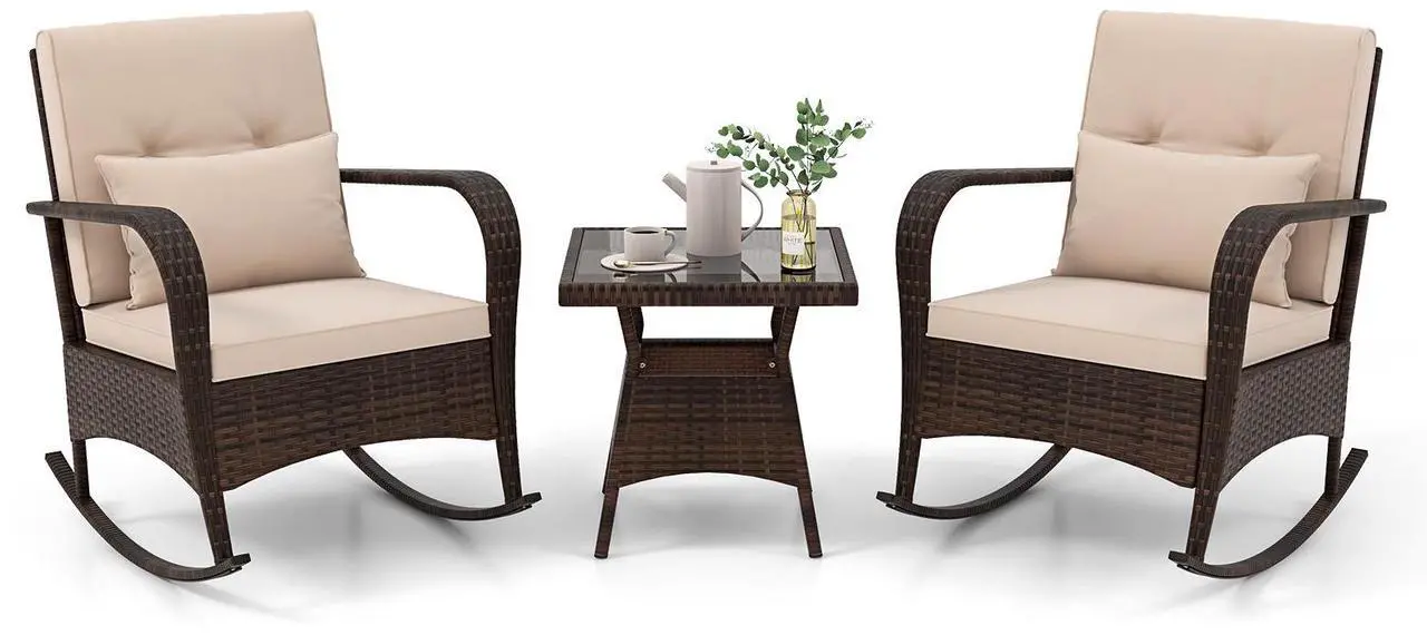 Alt view image 4 of 7 - SlickBlue 3 Piece Outdoor Rocking Set with Tempered Glass Coffee Table for Backyard Poolside