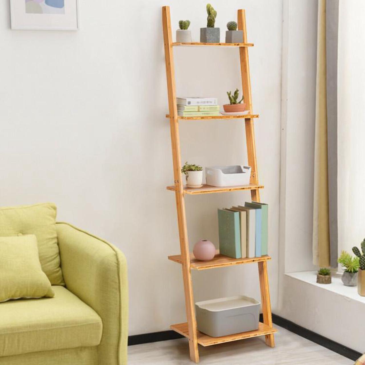 Alt view image 5 of 7 - SlickBlue 5-Tier Modern Bamboo Wall-Leaning Display Ladder Bookshelf