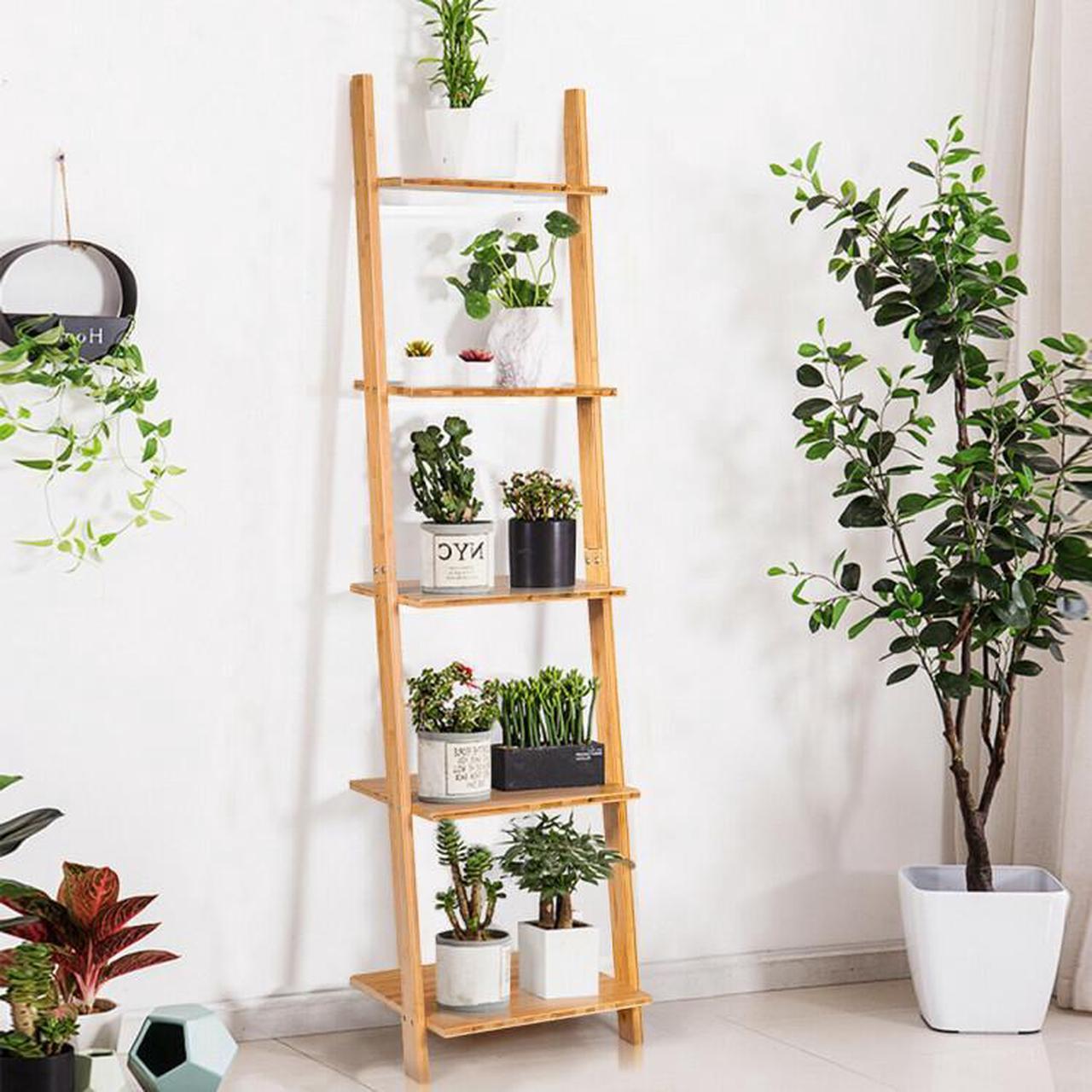 Alt view image 2 of 7 - SlickBlue 5-Tier Modern Bamboo Wall-Leaning Display Ladder Bookshelf