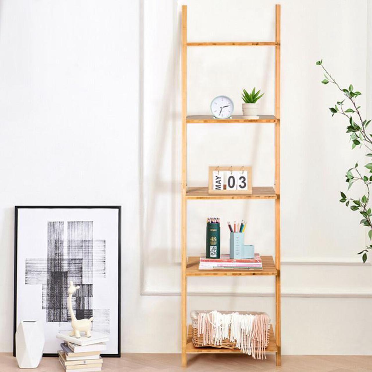Alt view image 4 of 7 - SlickBlue 5-Tier Modern Bamboo Wall-Leaning Display Ladder Bookshelf