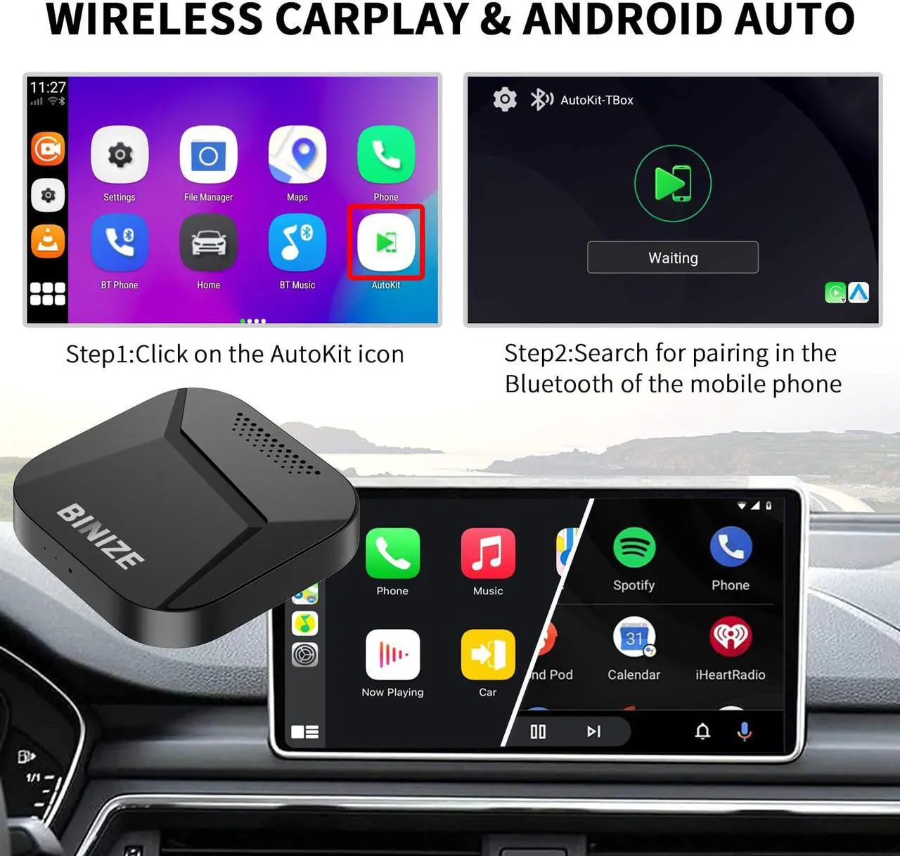 Alt view image 5 of 7 - Binize Wireless CarPlay Android AUTO Multimedia Video Box 4G Cellular,4GB+64GB,8Core,Android 13 System,Built-in Navigation,Support SIM&TF Card Bluetooth Only Support Car with OEM Wired CarPlay