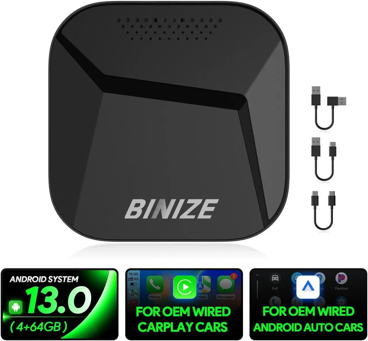 Main image of Binize Wireless CarPlay Android AUTO Multimedia Video Box 4G Cellular,4GB+64GB,8Core,Android 13 System,Built-in Navigation,Support SIM&TF Card Bluetooth Only Support Car with OEM Wired CarPlay
