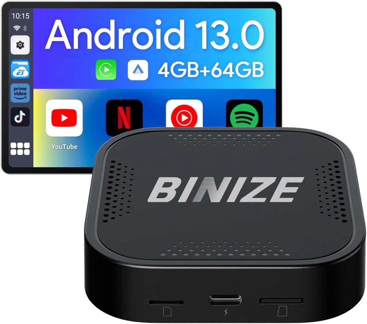 BINIZE Android 13 CarPlay AI Box with Netflix YouTube, 4+64G, Streaming Wireless CarPlay Android Auto to Your Car, 8 Core/4G Cellular/5G WiFi/Dual BT, Box for Cars with OEM Wired CarPlay/Android Auto