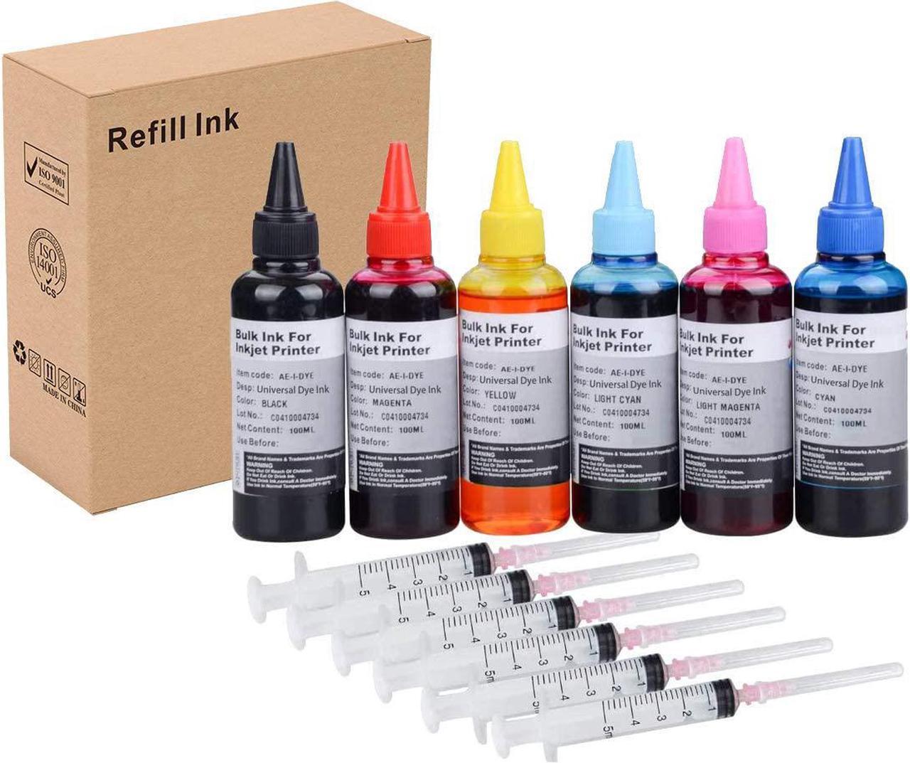 6 * 100ML Universal Dye Ink Refill Kit  Canon Epn Brother Lexmark Printers Compatible Cartridges Refillable Cartridge CISS CIS System 6 Color Set with 4 Free Syringes (BK, C, M, Y, LM, LC)