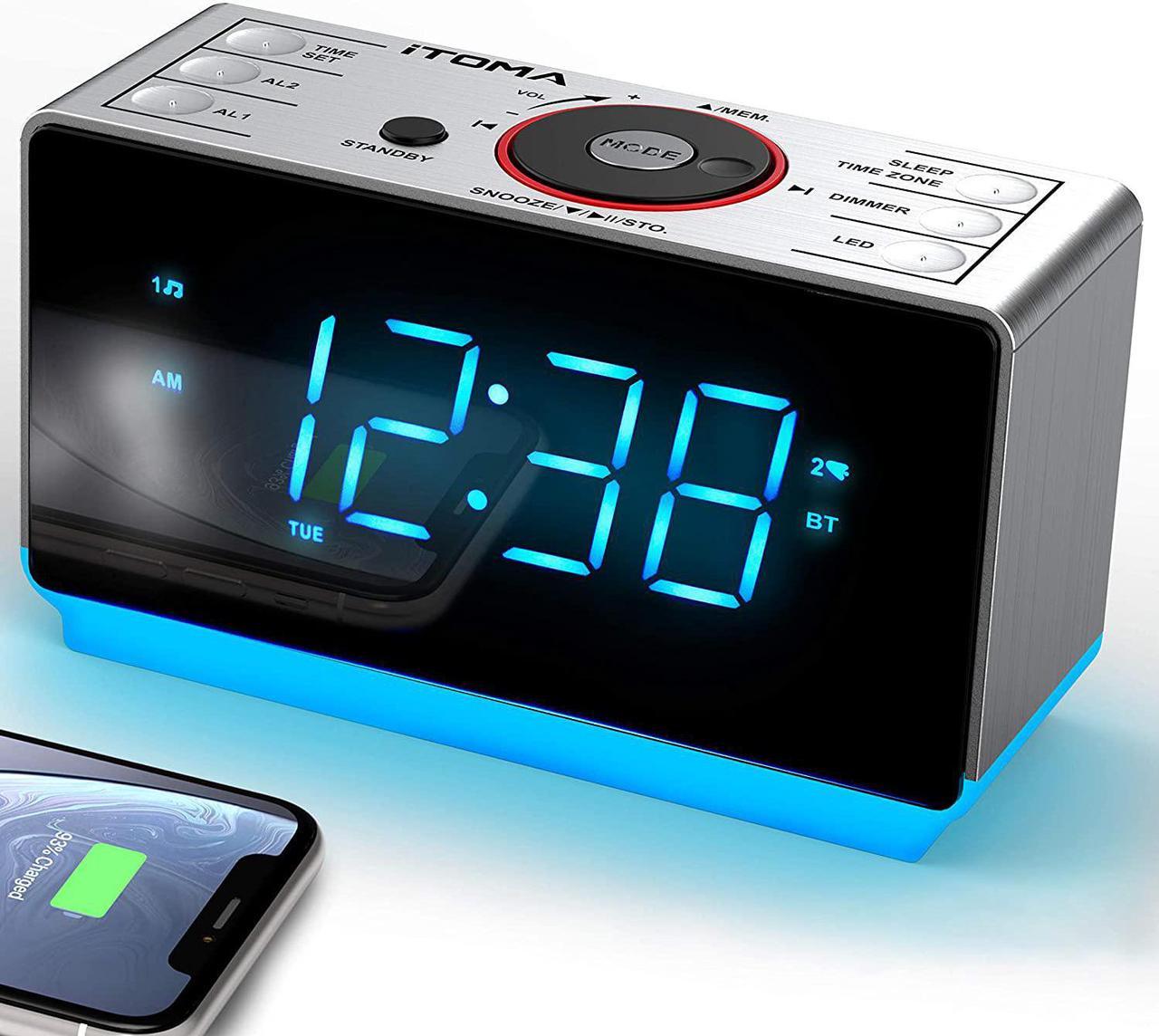 Alarm Clock Radio with Bluetooth Speaker, Digital FM Radio, Dual Alarm with Snooze, Large LED Display, Dimmer Control, USB Charging Output and Night Light iTOMA CKS708