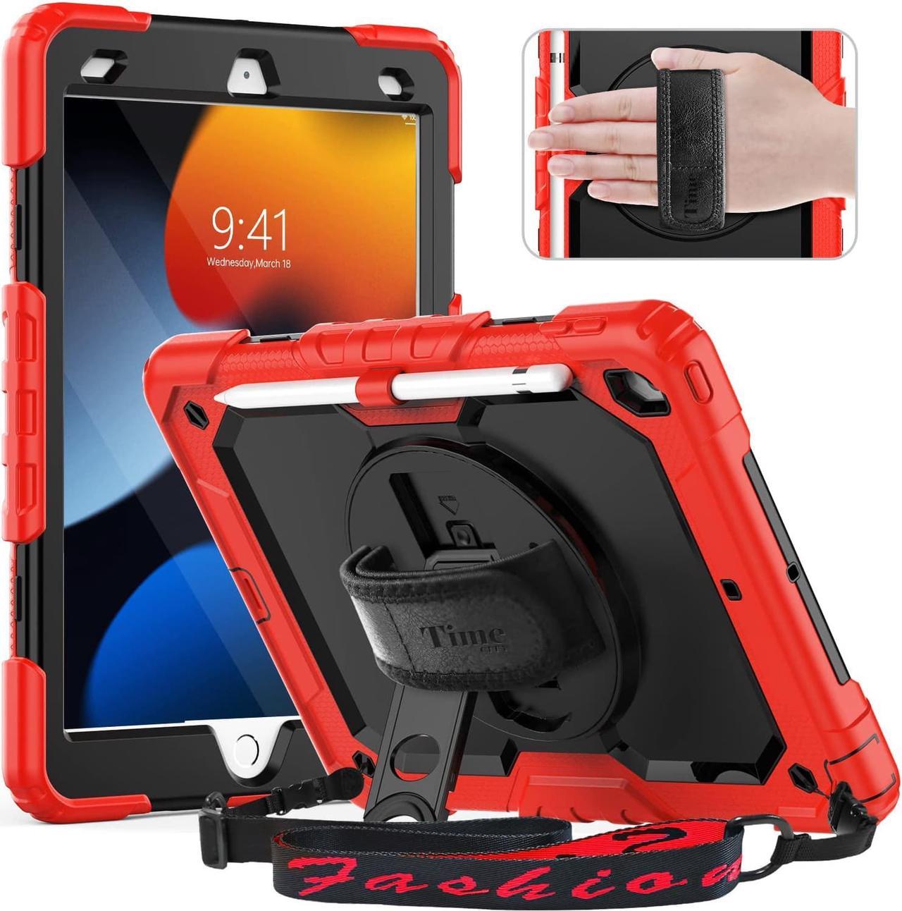 iPad 9th/ 8th/ 7th Generation Case (iPad 10.2 Case, iPad 9/8/ 7 Gen Case): with Strong Protection, Screen Protector, Hand Strap, Shoulder Strap, 360° Rotating Stand, Pencil Holder - Red