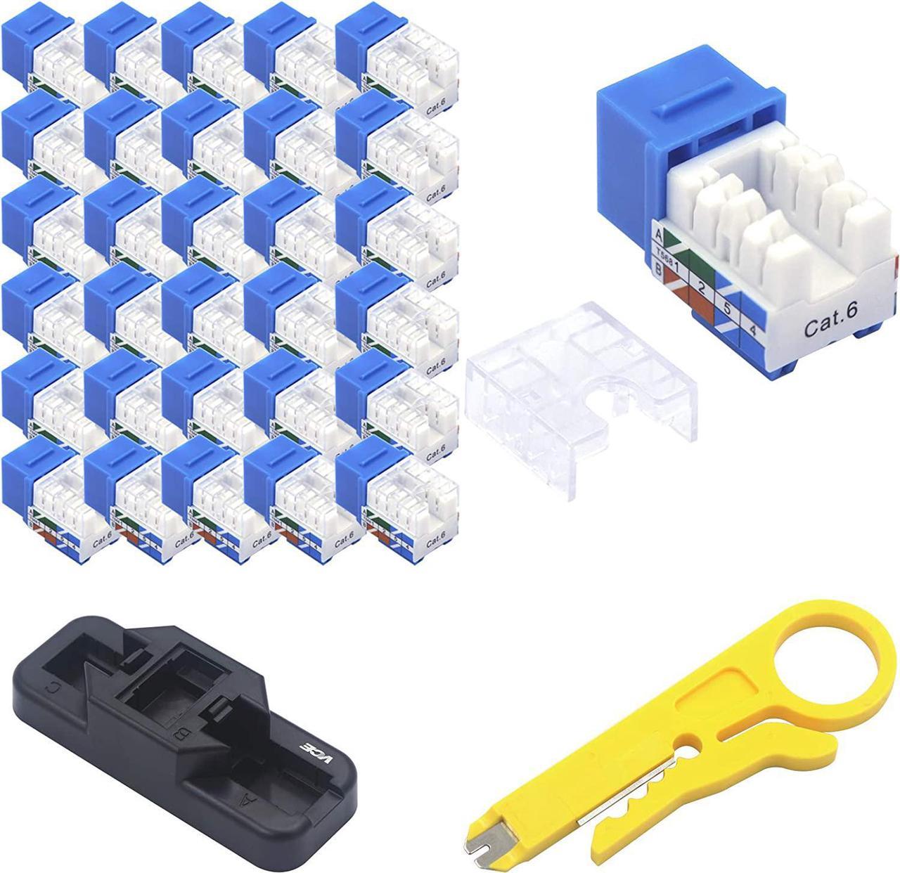 VCE 50 Pack Cat6 RJ45 Keystone Jack Insert, 90 Degree Ethernet UTP Cat 6, Cat5, Cat5e Keystone Punch-Down Stand and Mini Stripper Cutter Blue UL Certified