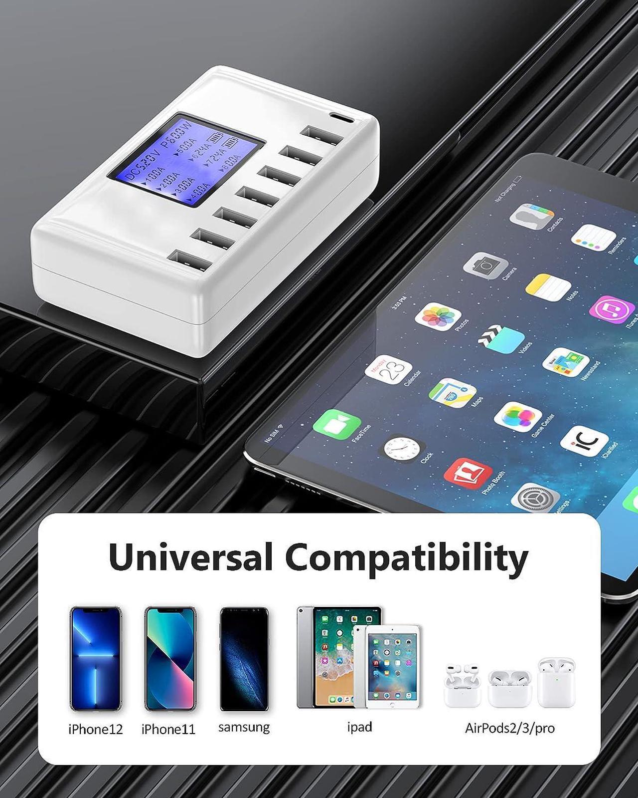 Alt view image 4 of 7 - USB Charging Station, Ziwodiv 8-Ports USB Charger Station, 60W/12A Multi Port USB C Hub Charger with LCD Display for Multiple Devices, Compact Desktop Charging for iPhone iPad Samsung Android Tablet