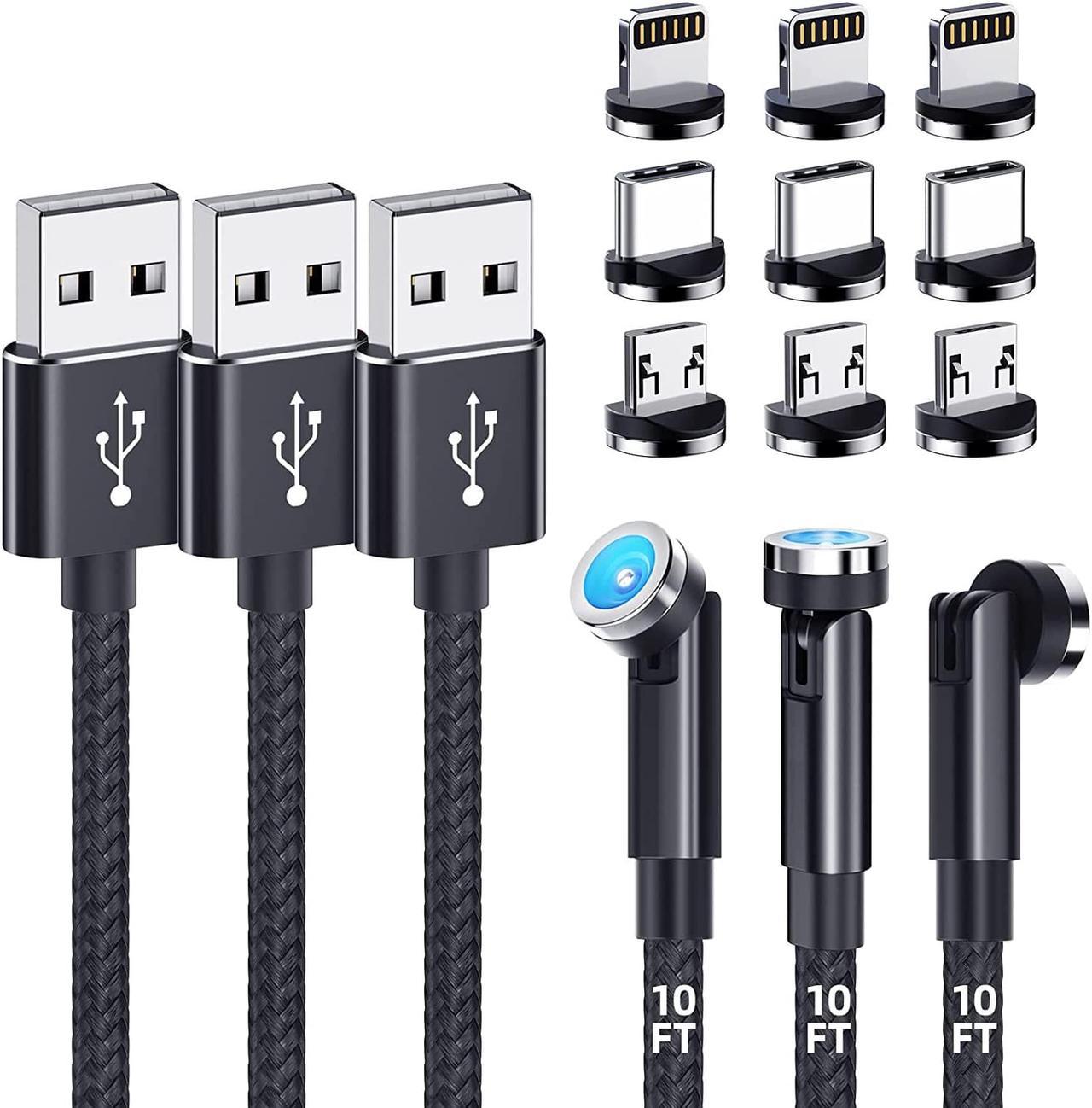 Magnetic Charging Cable [3-Pack,10FT/10FT/10FT] 540° Rotating Magnetic Phone Charger 3-in-1 Magnetic USB Cable with LED Light Nylon Braided Magnetic Charger for iPhone/Micro USB/Type C Device-Black