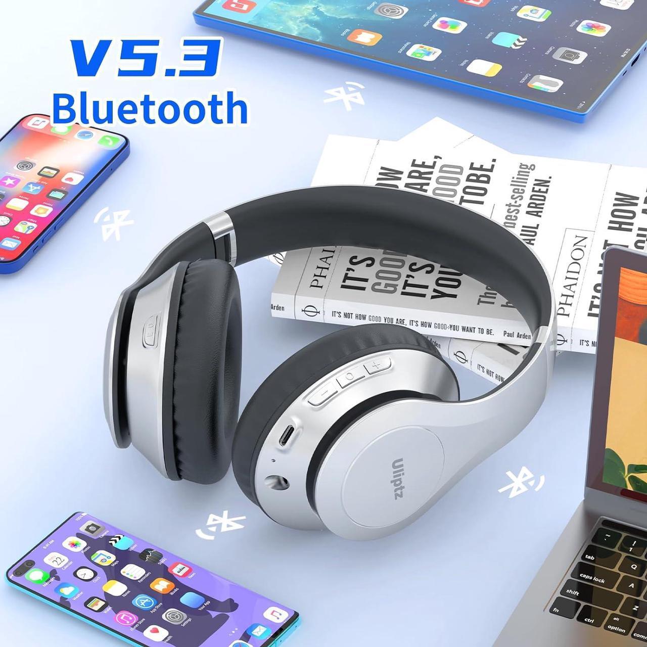 Alt view image 3 of 7 - Uliptz Wireless Bluetooth Headphones, 65H Playtime, 6 EQ Sound Modes, HiFi Stereo Over Ear Headphones with Microphone, Foldable Lightweight Bluetooth 5.2 Headphones (Silver)