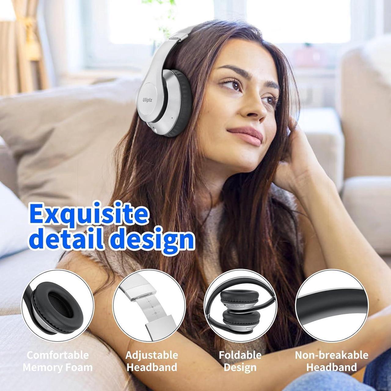 Alt view image 4 of 7 - Uliptz Wireless Bluetooth Headphones, 65H Playtime, 6 EQ Sound Modes, HiFi Stereo Over Ear Headphones with Microphone, Foldable Lightweight Bluetooth 5.2 Headphones (Silver)