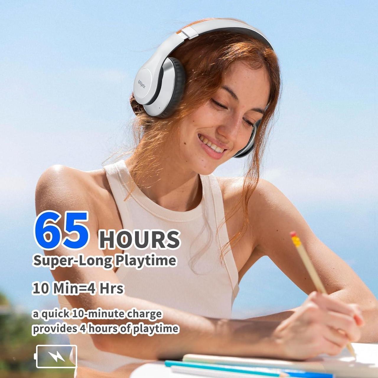 Alt view image 5 of 7 - Uliptz Wireless Bluetooth Headphones, 65H Playtime, 6 EQ Sound Modes, HiFi Stereo Over Ear Headphones with Microphone, Foldable Lightweight Bluetooth 5.2 Headphones (Silver)