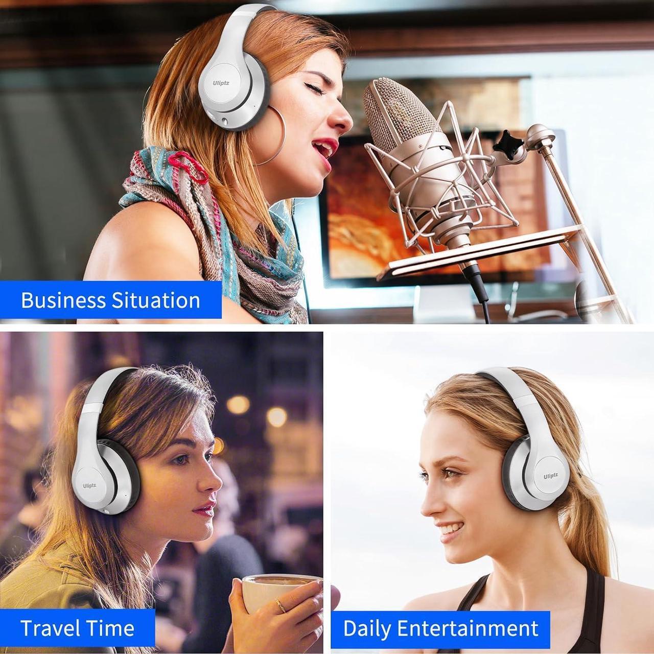 Alt view image 7 of 7 - Uliptz Wireless Bluetooth Headphones, 65H Playtime, 6 EQ Sound Modes, HiFi Stereo Over Ear Headphones with Microphone, Foldable Lightweight Bluetooth 5.2 Headphones (Silver)
