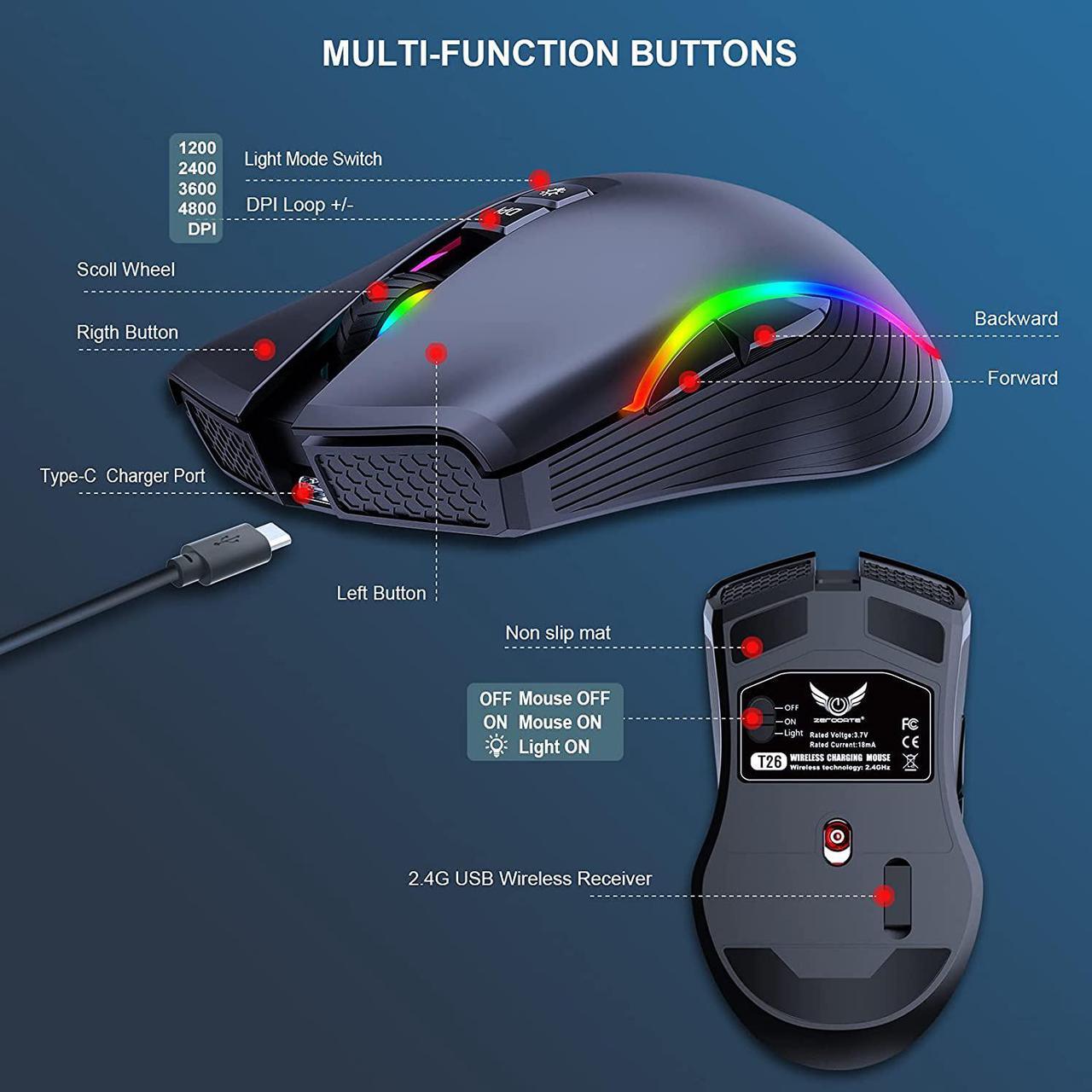 Alt view image 4 of 7 - Ludus Dominum Rechargeable Wireless Gaming Mouse,large-size ,Ergonomic Hand Grips,4800 DPI,TYPE-C Fast charge,7 Buttons,Fast-Charging,10 millons buttons life,RGB Gamer Desk Laptop PC Gaming Mouse