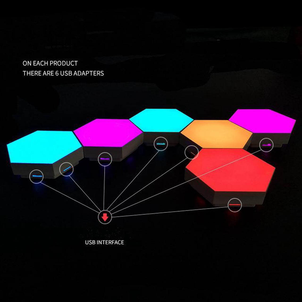 Alt view image 4 of 7 - Hexagonal LED lights, APP-controlled WiFi smart RGB light board, geometric lights, DIY panel lights, USB connection, multiple colors Can be spliced at will For game decoration,6pcs
