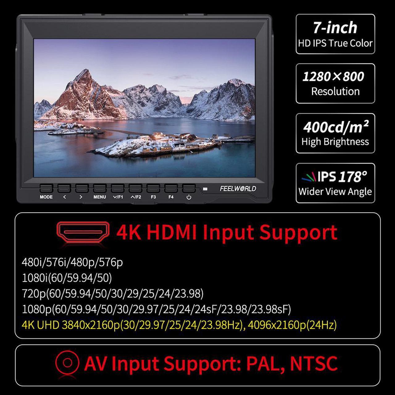 Alt view image 3 of 13 - FEELWORLD FW759 7 Inch DSLR Camera Field Monitor HD Video Assist Slim IPS 1280x800 4K HDMI 1080p with Sunshade