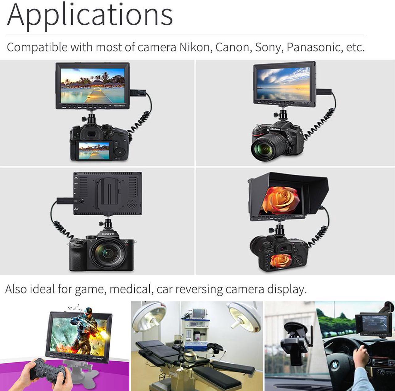 Alt view image 6 of 13 - FEELWORLD FW759 7 Inch DSLR Camera Field Monitor HD Video Assist Slim IPS 1280x800 4K HDMI 1080p with Sunshade