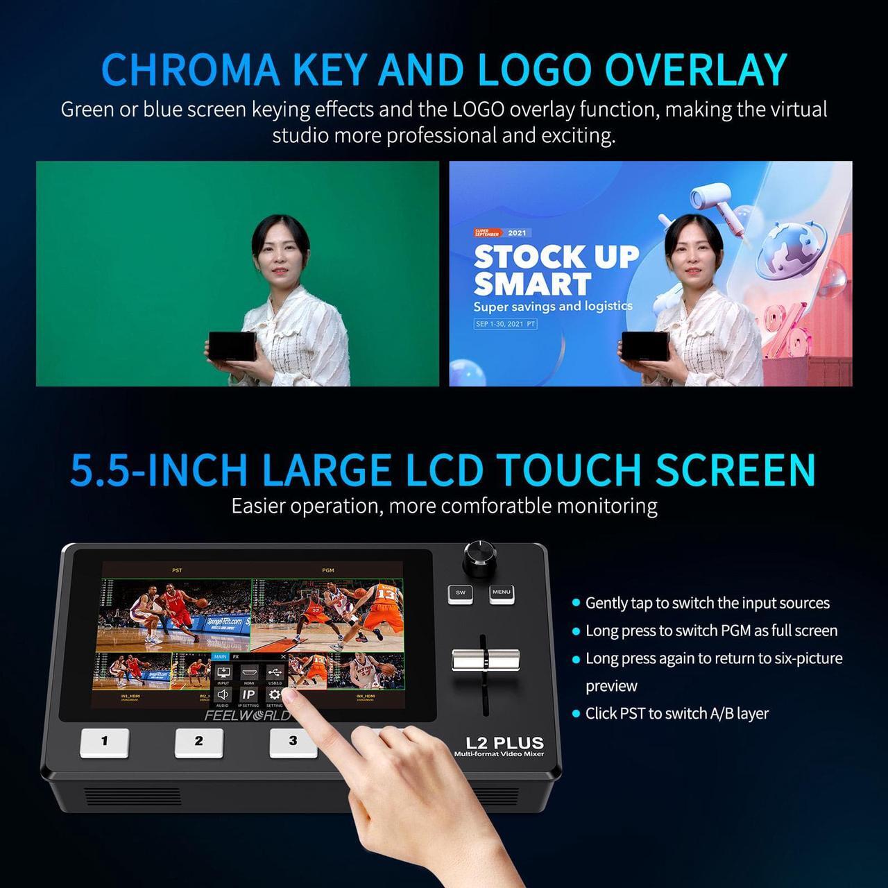 Alt view image 5 of 7 - FEELWORLD L2 Plus Multi Camera Video Mixer Switcher with 5.5 inch LCD Touch Screen PTZ Controller Chroma Key 4 HDMI Inputs USB3.0 Output Format Real Time Production Live Streaming Built in Cooler