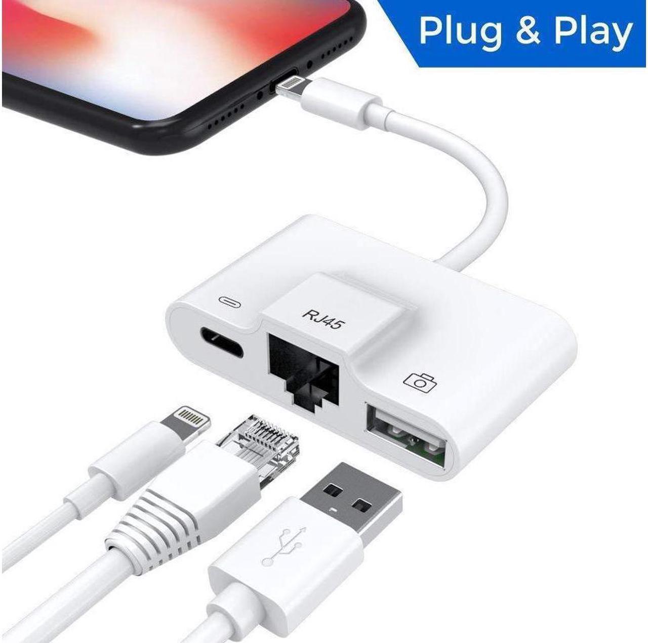 Lightning to RJ45 Ethernet LAN USB Camera Charging & Data Sync OTG Adapter 3 in 1 HUB Play and Plug for Apple Device