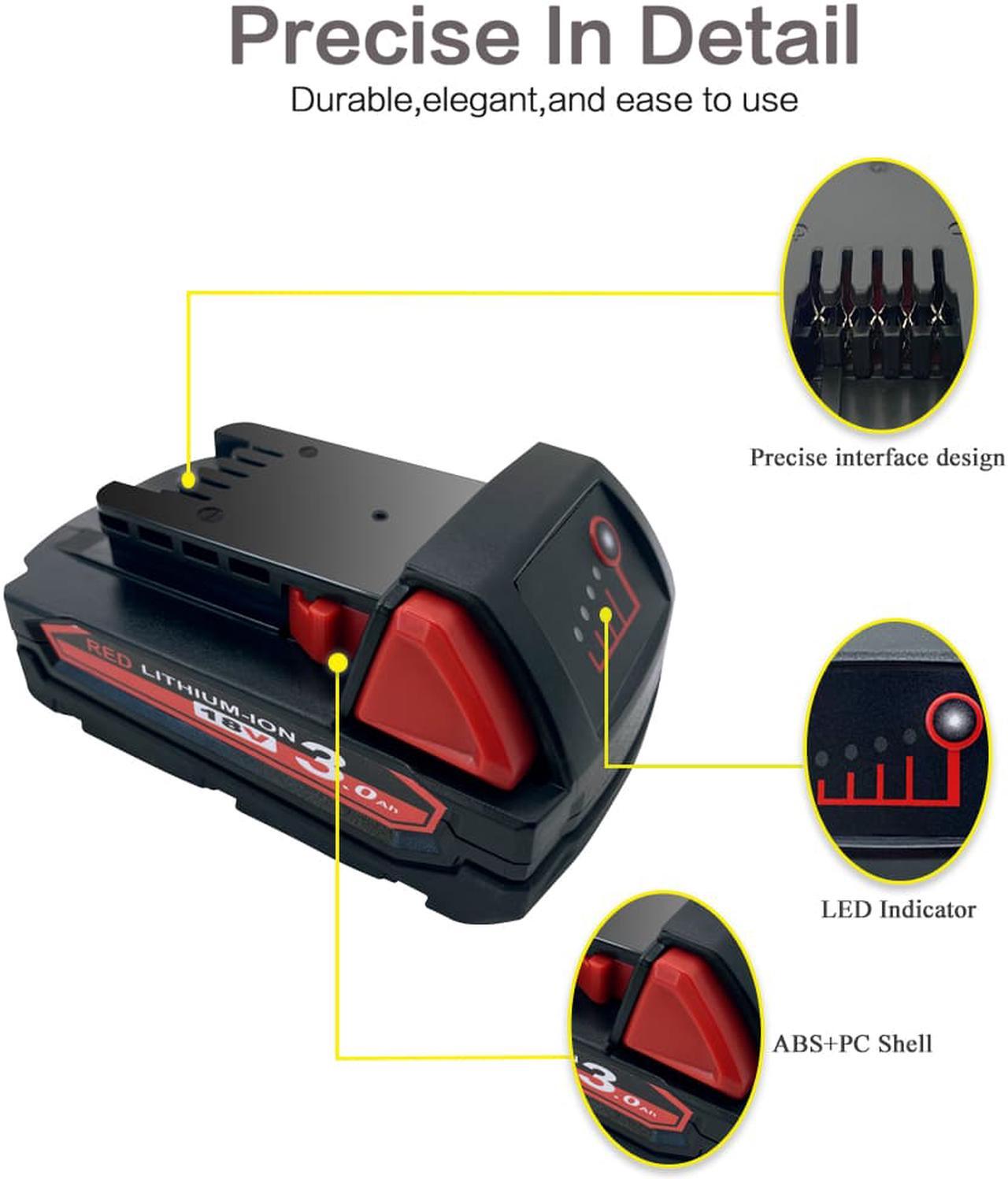 Alt view image 2 of 7 - M18 3.0Ah 18V Lithium Replacement Battery for Milwaukee M18 Battery 48-11-1820 48-11-1850 48-11-1860 48-11-1828 48-11-10,Compatible with Milwaukee M18 XC Cordless Power Tools