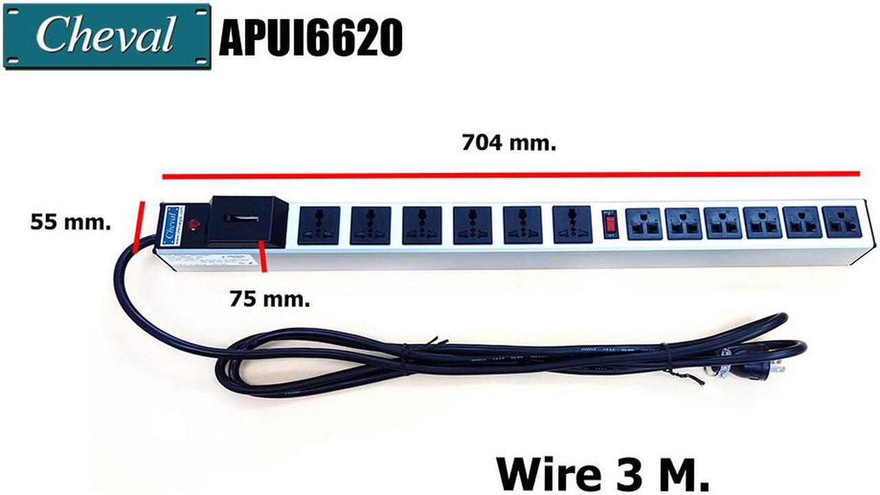 Alt view image 3 of 6 - Arion Power Bar Basic PDU 20A, 6x Universal and 6x International Socket 110VAC Wide 3m.