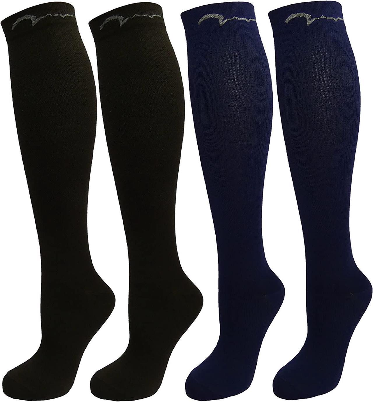 Main image of 4 Pair Medium Extra Soft Assorted Compression Socks, Moderate/Medium Graduated Compression 15-20 mmHg, for Men and Women. Nurses, Running, Travel & Flight Knee-High. 2 Black, 2 Navy