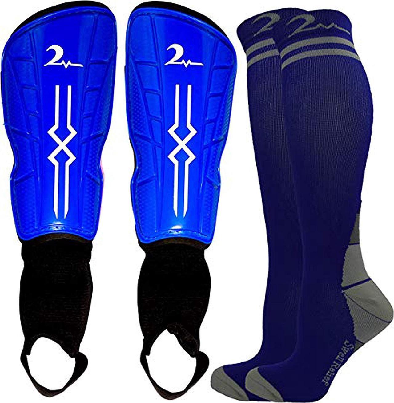 Main image of Combination Set Kids Soccer Shin Guards with Adjustable Straps & 1 Pair Matching Compression Sock for Maximum Performance. Fits Ages 4-7. Blue