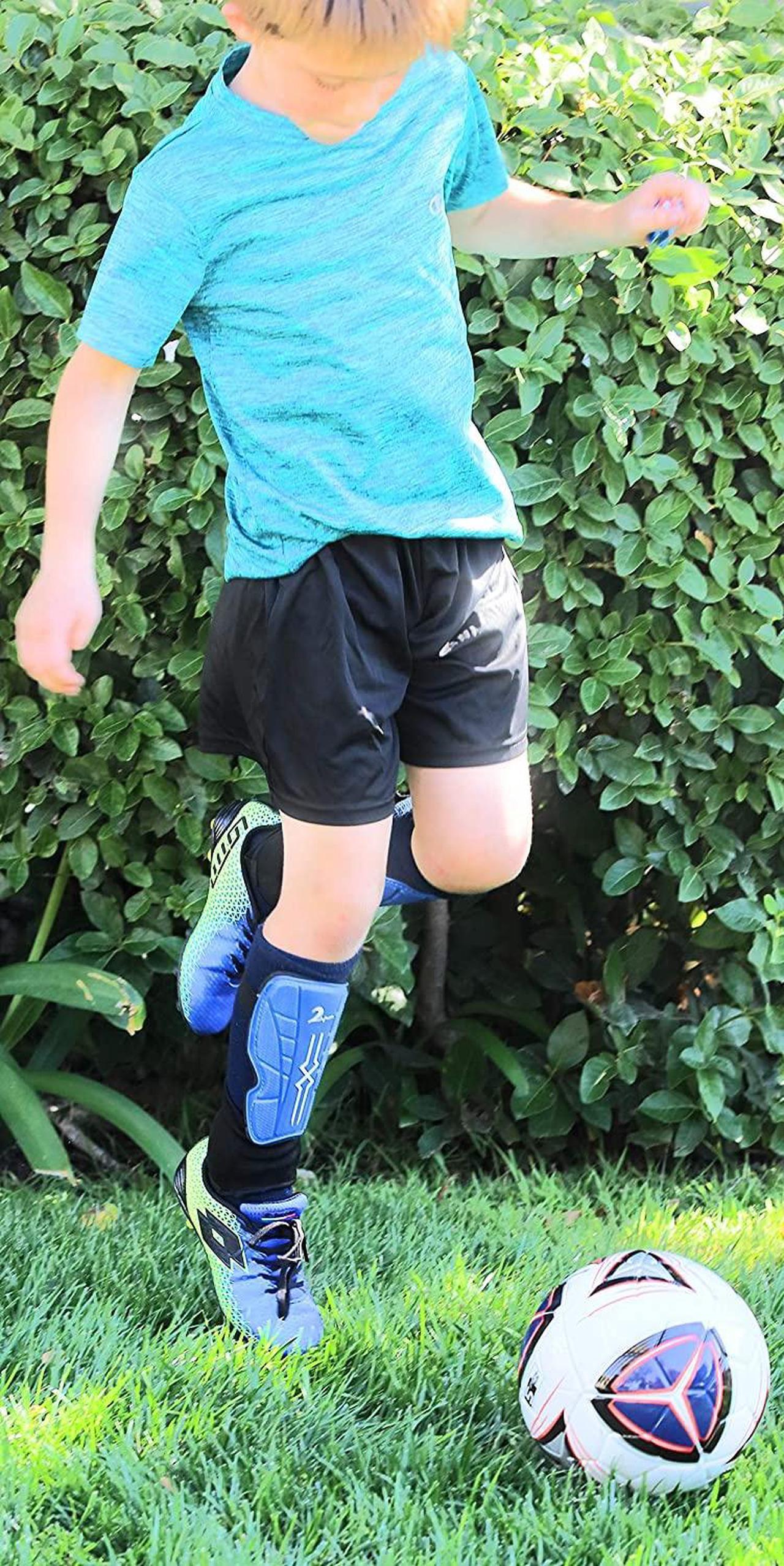 Alt view image 6 of 7 - Combination Set Kids Soccer Shin Guards with Adjustable Straps & 1 Pair Matching Compression Sock for Maximum Performance. Fits Ages 4-7. Blue