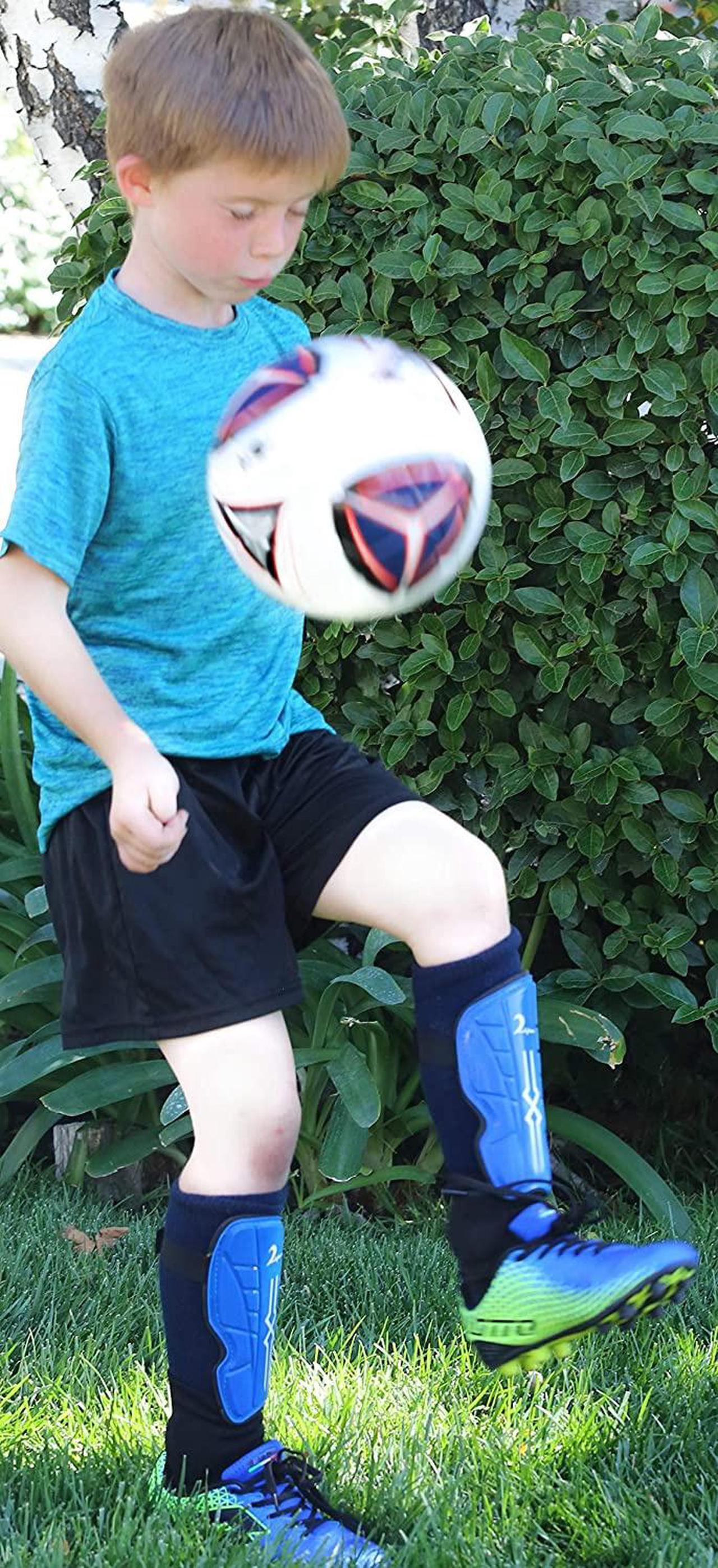 Alt view image 7 of 7 - Combination Set Kids Soccer Shin Guards with Adjustable Straps & 1 Pair Matching Compression Sock for Maximum Performance. Fits Ages 4-7. Blue