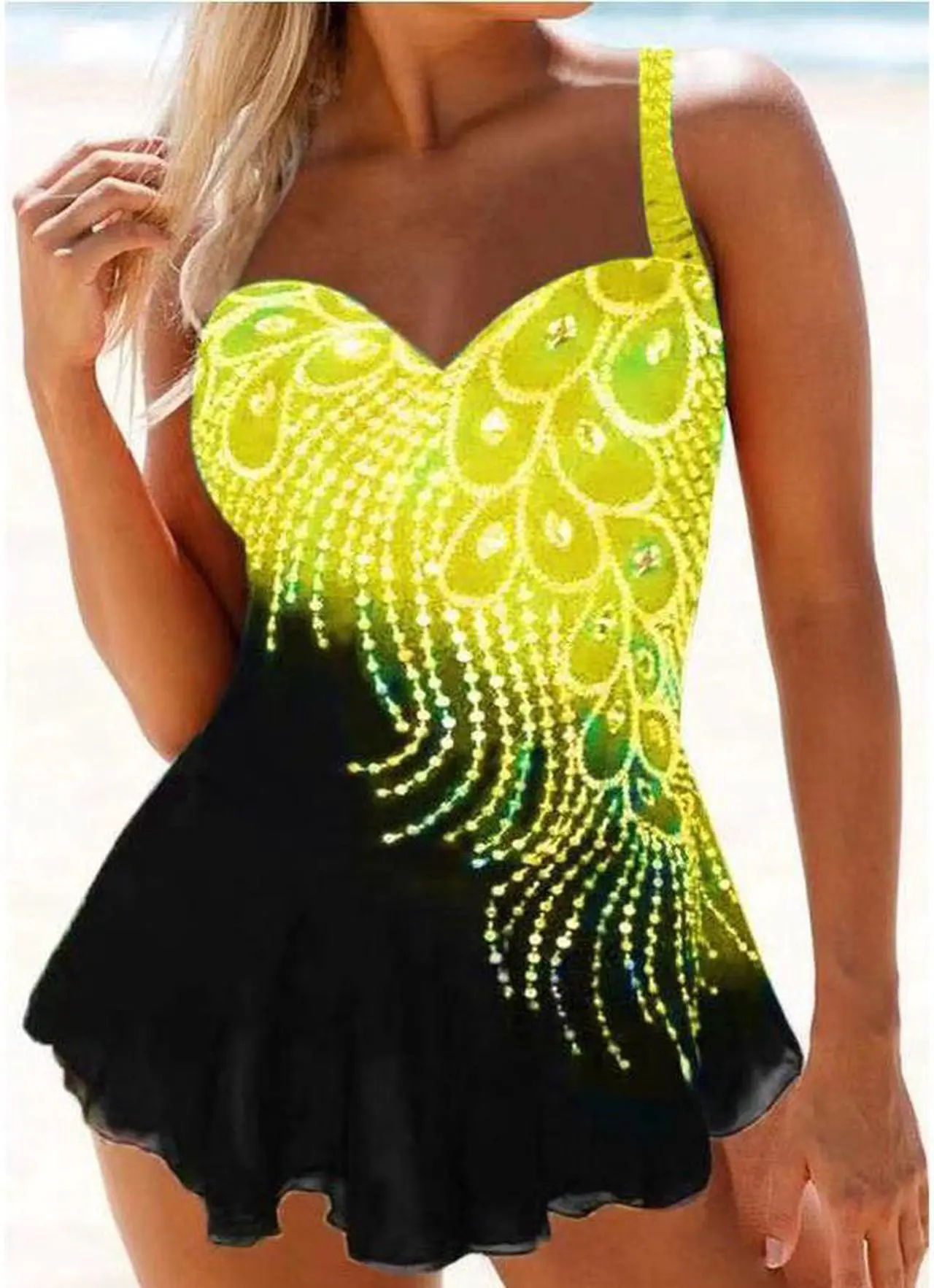 Main image of 2 Piece Swim Dress with padded bra – Yellow Swimsuit with black swim bottoms – Yellow–setQ