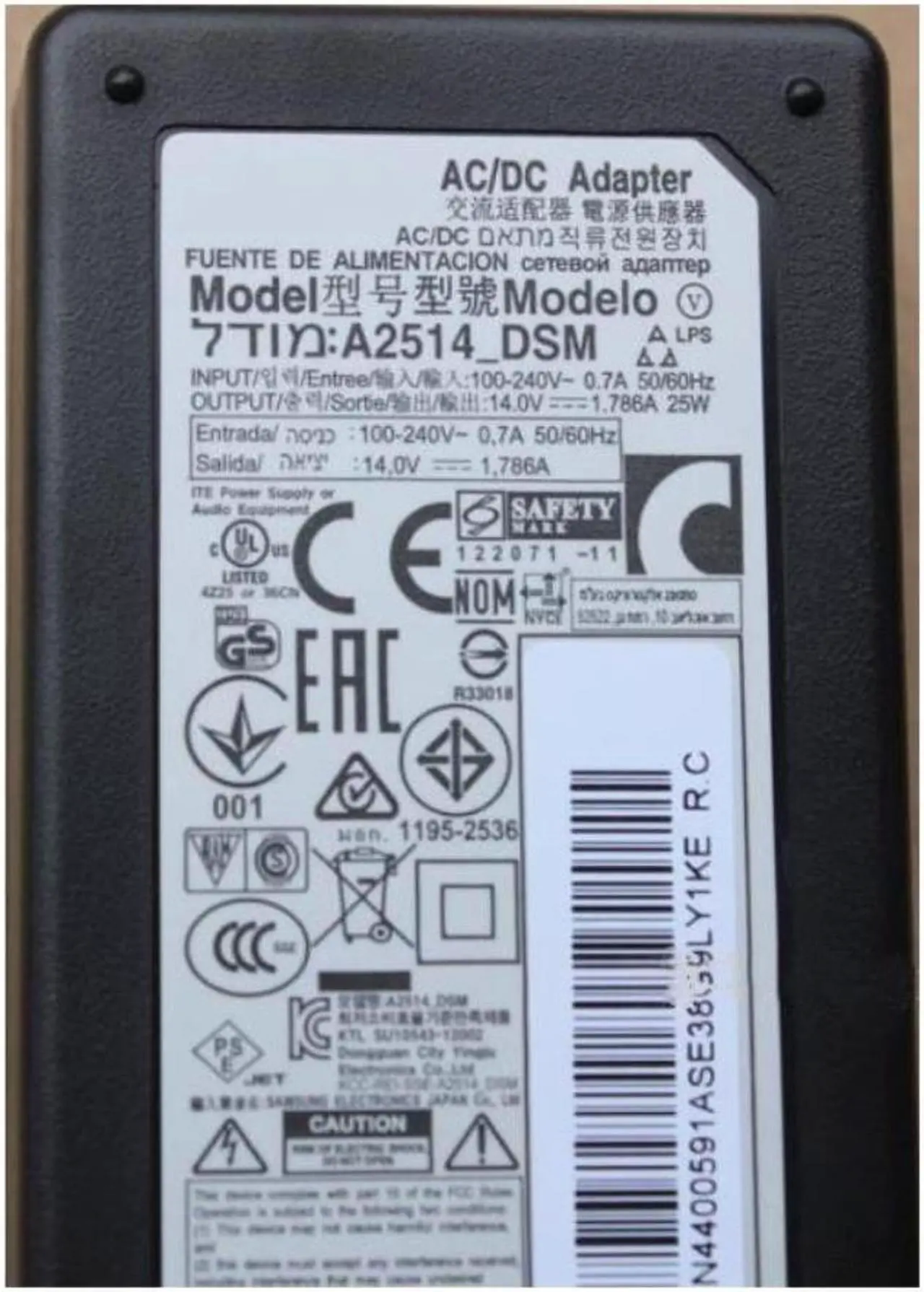 Alt view image 2 of 2 - A2514_DSM 25W AC Adapter Charger For SAMSUNG LCD MONITOR S22C S23C S27C S24C S24D300H A2514_KSM 14V 1.786A Power Supply