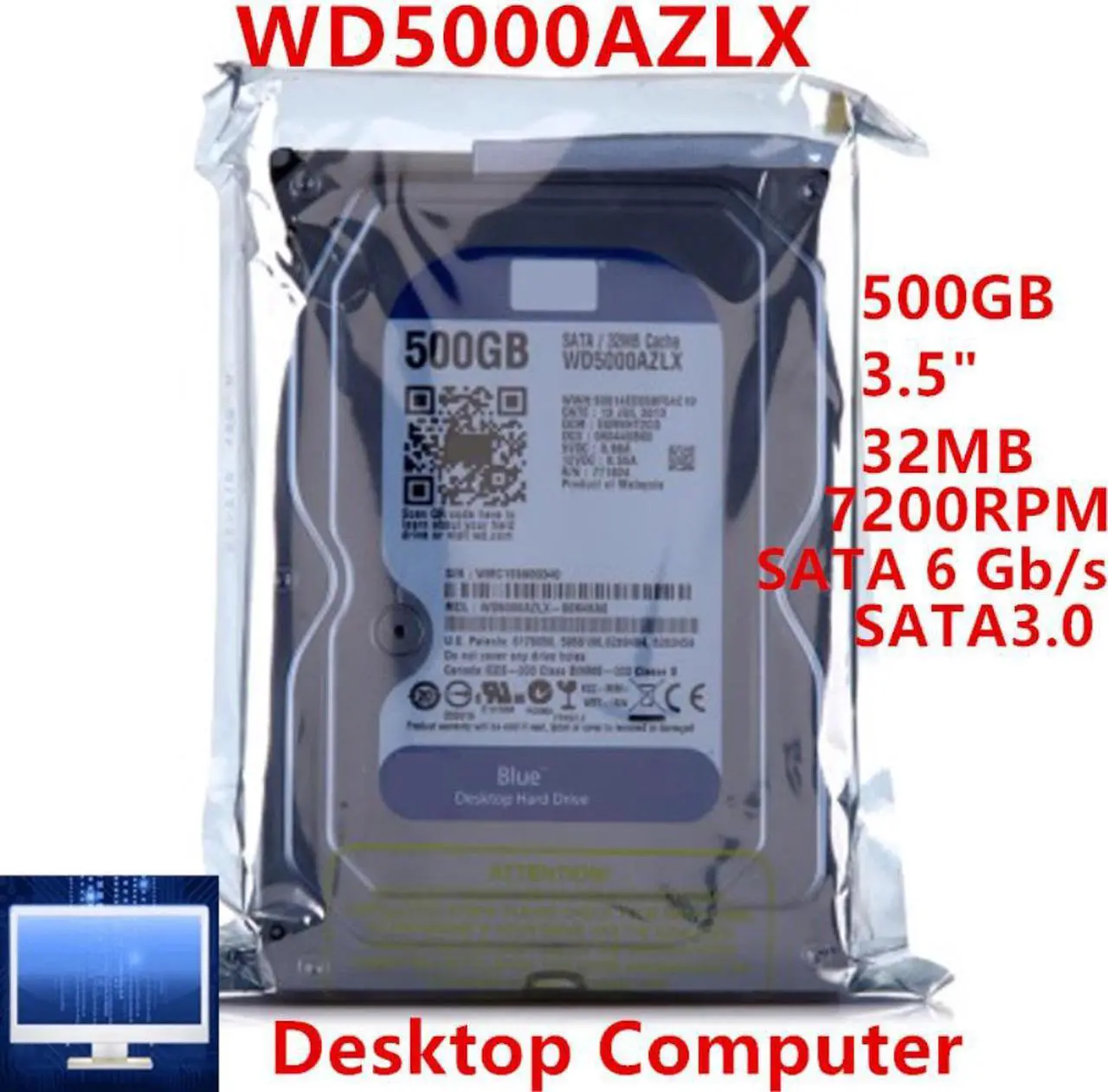 Alt view image 4 of 6 - HDD For WD Blue 500GB 3.5" SATA 6 Gb/s 32MB 7200RPM For Internal Hard Disk For Desktop Hard Drive For WD5000AZLX