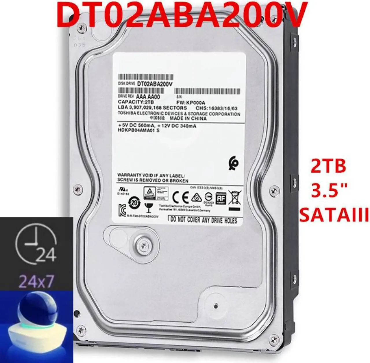 Main image of HDD For Toshiba 2TB 3.5" SATA 6 Gb/s 128MB 5400RPM For Internal Hard Disk For Monitoring HDD For DT02ABA200V