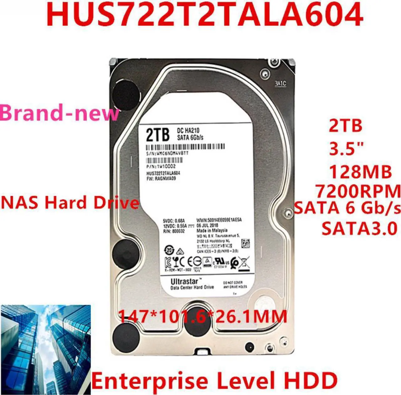 Alt view image 4 of 6 - HDD For WD 2TB 3.5" SATA 6 Gb/s 128MB 7200RPM For Internal Hard Disk For Enterprise Level HDD For HUS722T2TALA604