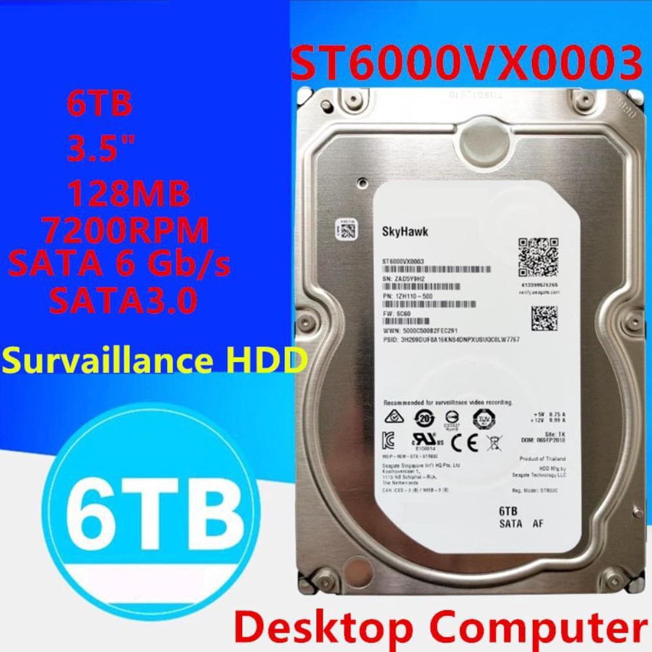 HDD For Seagate 6TB 3.5" SATA 6 Gb/s 128MB 7200RPM For Internal Hard Disk For Survaillance HDD For ST6000VX0003