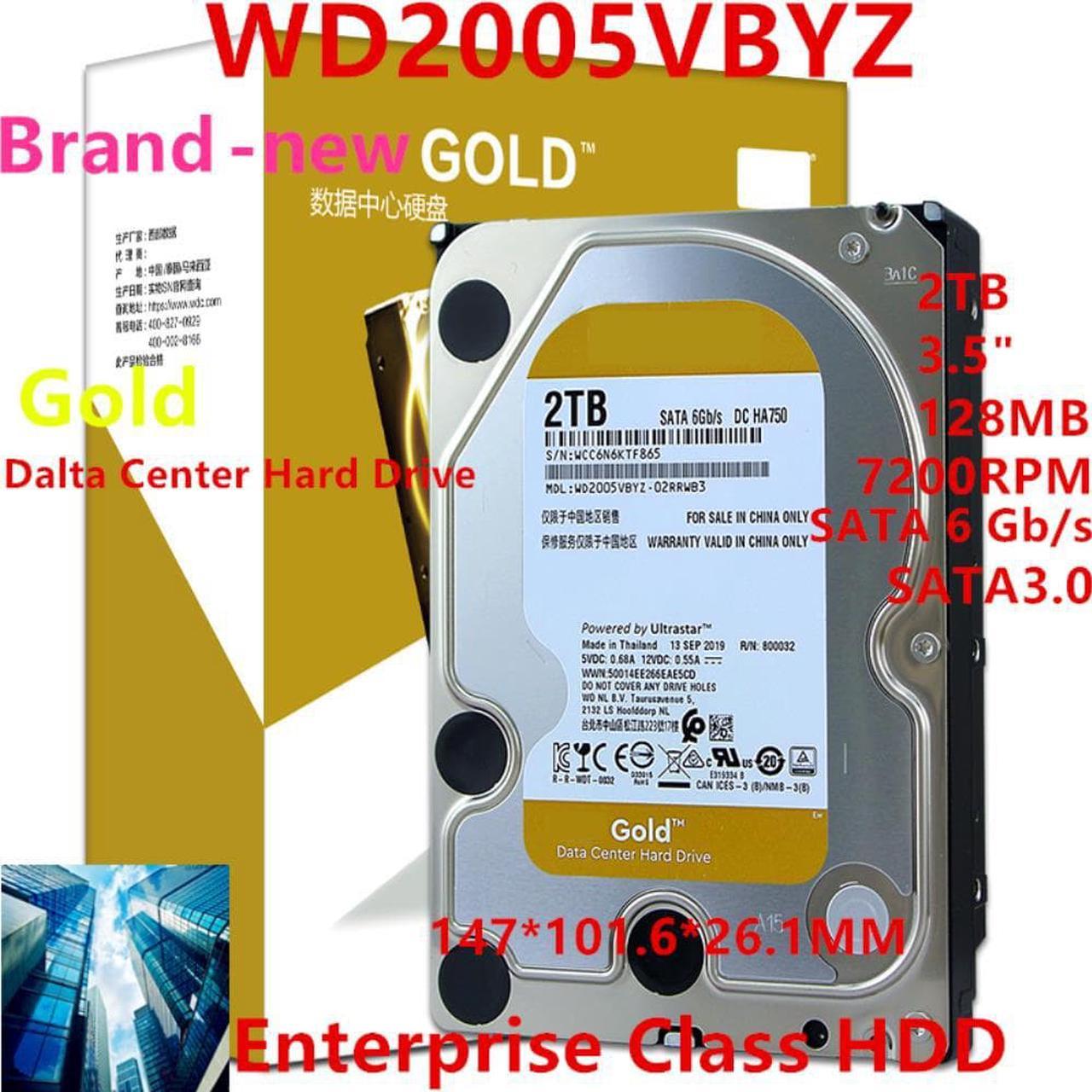 HDD For WD Gold 2TB 3.5" SATA 6 Gb/s 128MB 7200RPM For Internal Hard Disk For Enterprise Class HDD For WD2005VBYZ