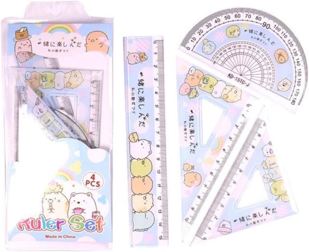 4pcs/set Kawaii Cartoon Straight Triangle Ruler Protractor Drafting Drawing School Office Supplies Student Stationery