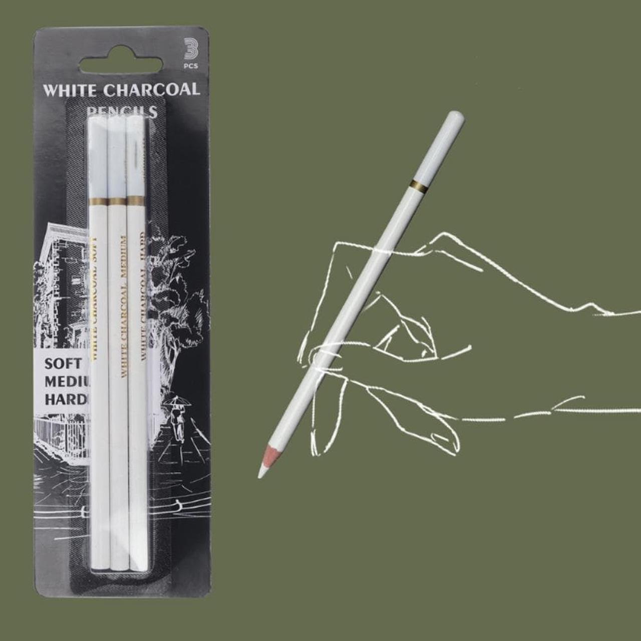 Alt view image 3 of 4 - 3 Pcs Pro White Charcoal Pencil Sets White Charcoal Wooden Pencils for Artists