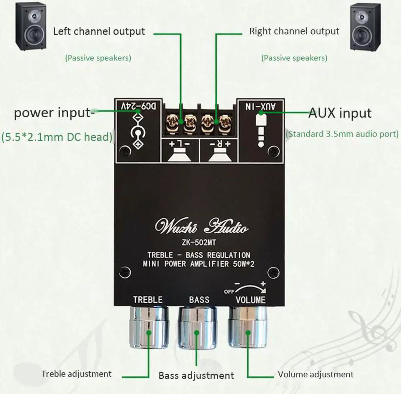 Alt view image 4 of 5 - ZK-502MT Bluetooth 5.0 Subwoofer Amplifier Board 2.0 Channel High Power Audio Stereo Amplifier Board 2X50W Bass AMP