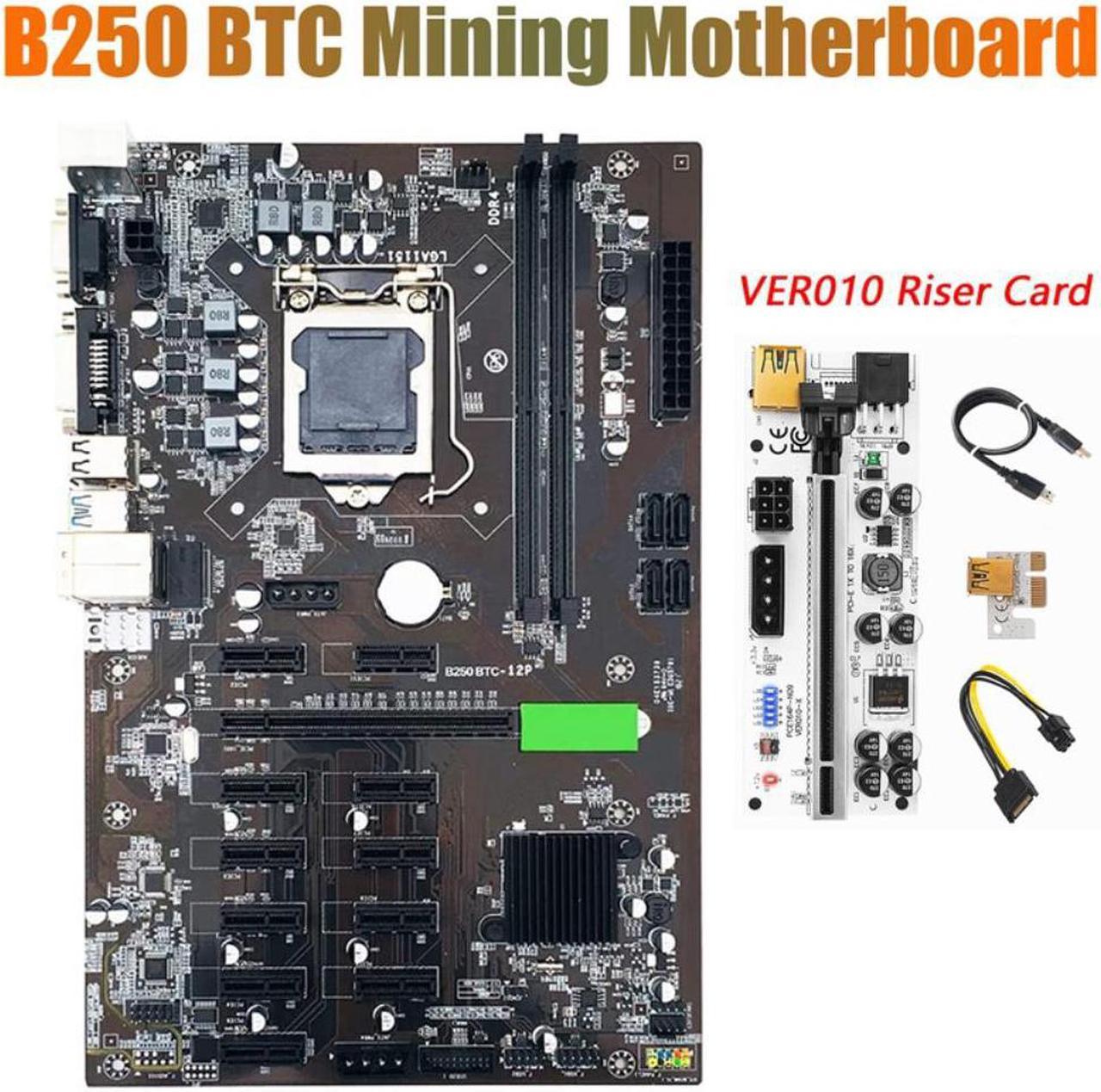 B250 BTC Mining Motherboard with VER010 Riser Card 12XGraphics Card Slot LGA 1151 DDR4 USB3.0 Low Power for BTC Miner