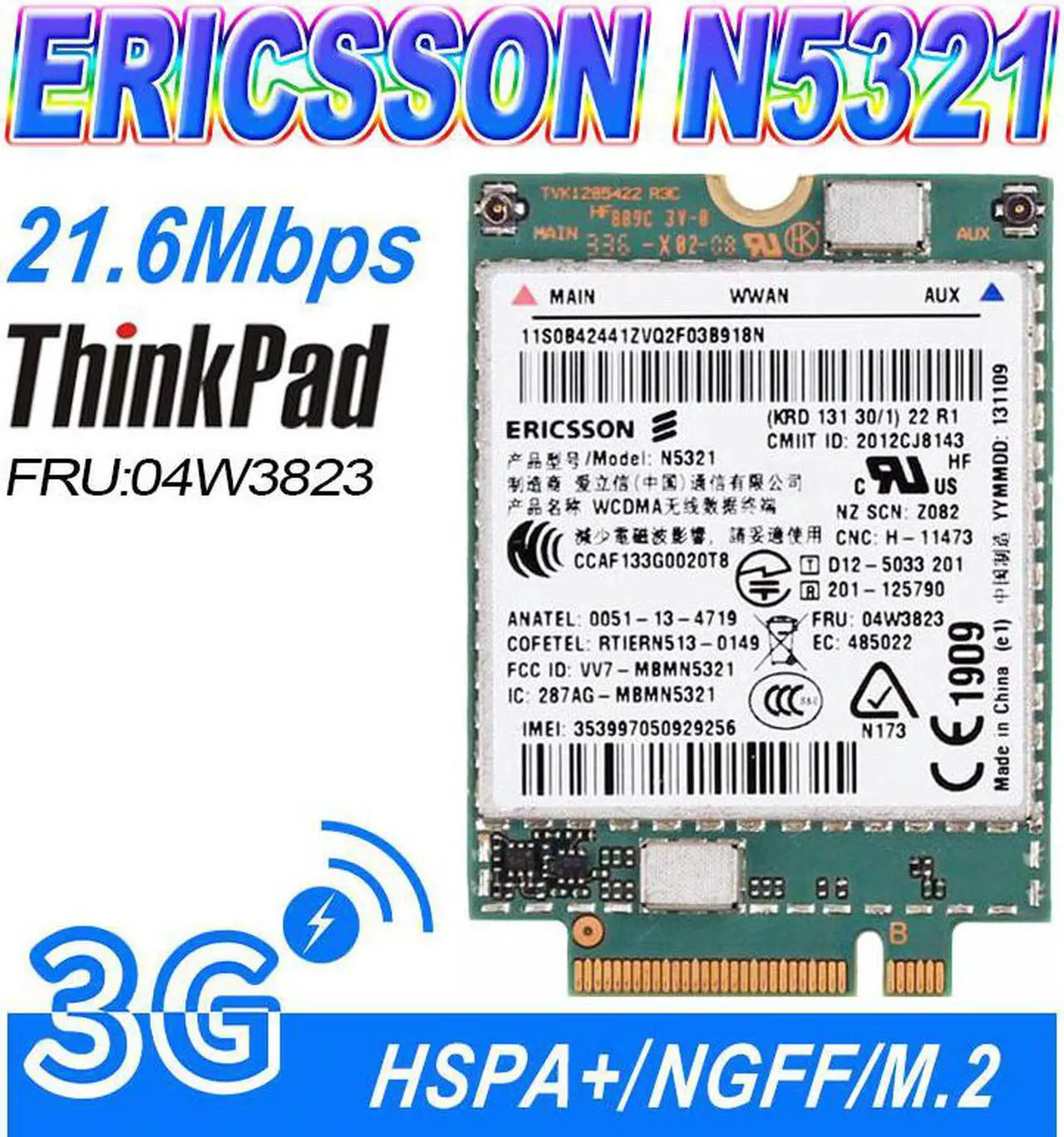 Main image of Ericsson N5321 Mobile Broadband HSPA+ NGFF M.2 04W3822 04W3823  x1 carbon X230s X240S t431s T440 S540 W540 3G Module WWAN CARD